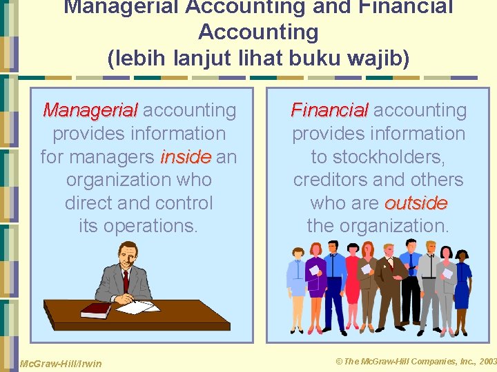 Managerial Accounting and Financial Accounting (lebih lanjut lihat buku wajib) Managerial accounting provides information