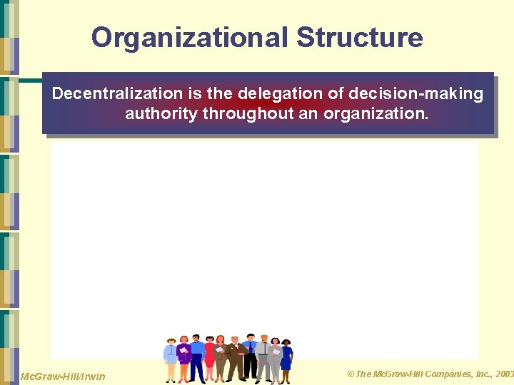 Organizational Structure Decentralization is the delegation of decision-making authority throughout an organization. Mc. Graw-Hill/Irwin