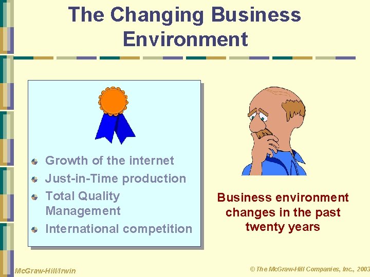 The Changing Business Environment Growth of the internet Just-in-Time production Total Quality Management International