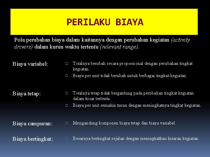 PERILAKU BIAYA Pola perubahan biaya dalam kaitannya dengan perubahan kegiatan (activity drivers) dalam kurun