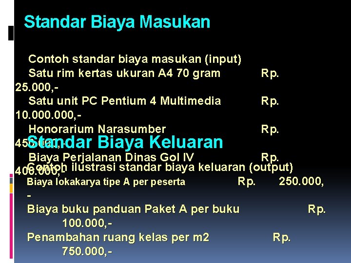 Standar Biaya Masukan Contoh standar biaya masukan (input) Satu rim kertas ukuran A 4