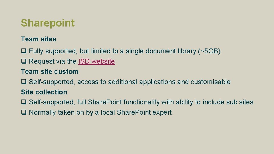Sharepoint Team sites q Fully supported, but limited to a single document library (~5