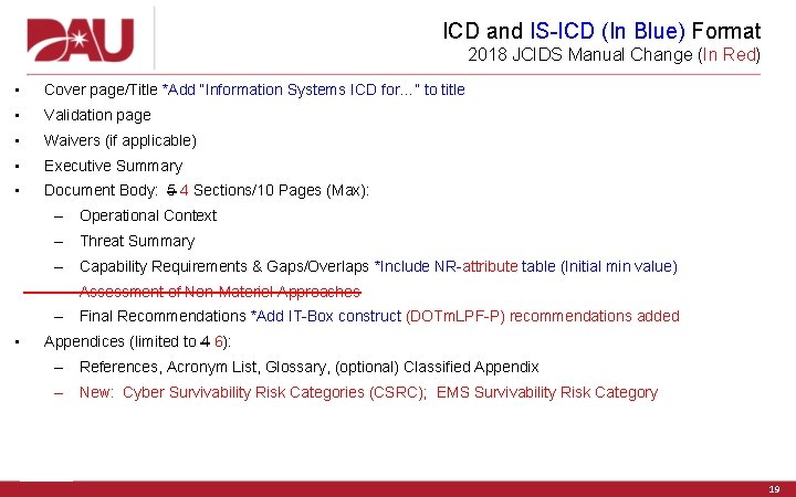 ICD and IS-ICD (In Blue) Format 2018 JCIDS Manual Change (In Red) • Cover