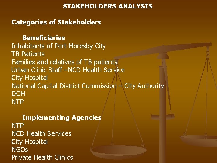STAKEHOLDERS ANALYSIS Categories of Stakeholders Beneficiaries Inhabitants of Port Moresby City TB Patients Families