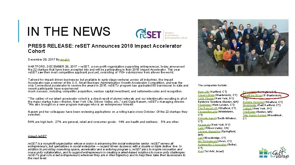 IN THE NEWS PRESS RELEASE: re. SET Announces 2018 Impact Accelerator Cohort December 29,