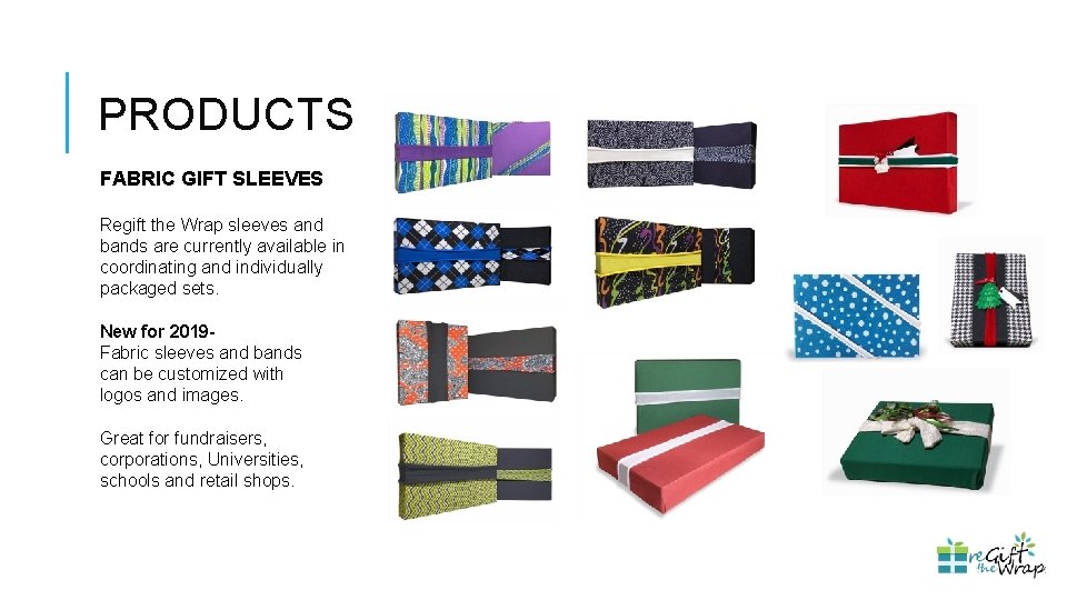 PRODUCTS FABRIC GIFT SLEEVES Regift the Wrap sleeves and bands are currently available in
