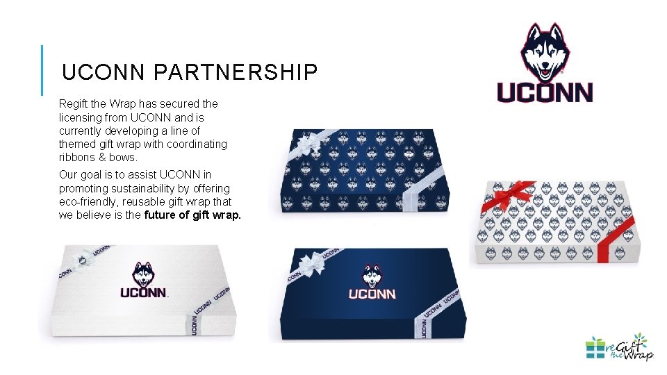 UCONN PARTNERSHIP Regift the Wrap has secured the licensing from UCONN and is currently