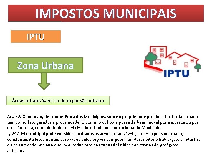 IMPOSTOS MUNICIPAIS IPTU Zona Urbana Áreas urbanizáveis ou de expansão urbana Art. 32. O