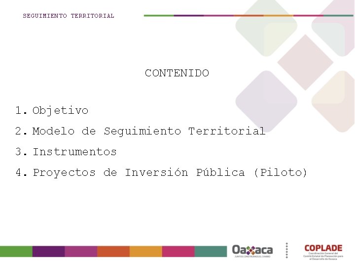 SEGUIMIENTO TERRITORIAL CONTENIDO 1. Objetivo 2. Modelo de Seguimiento Territorial 3. Instrumentos 4. Proyectos