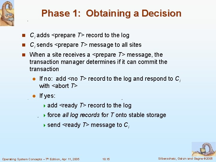 Phase 1: Obtaining a Decision n Ci adds <prepare T> record to the log