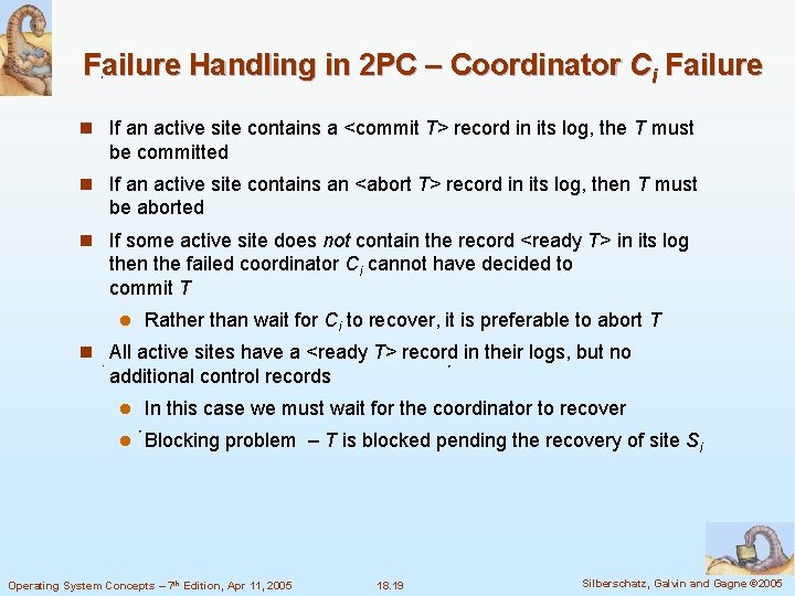 Failure Handling in 2 PC – Coordinator Ci Failure n If an active site