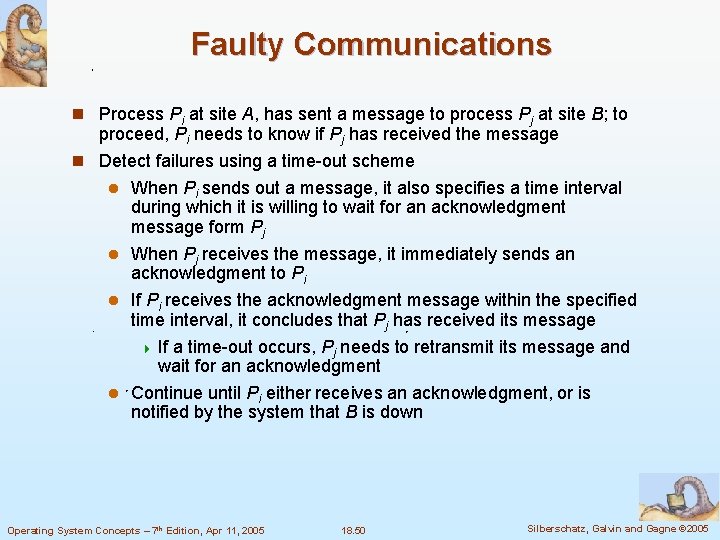 Faulty Communications n Process Pi at site A, has sent a message to process