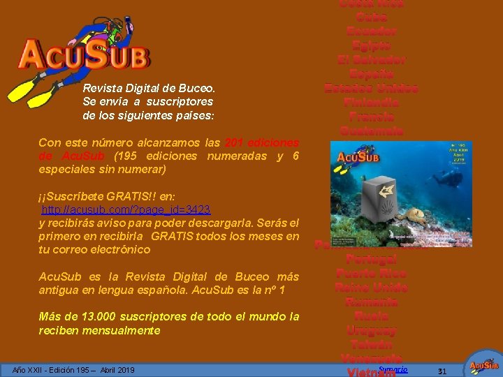 Revista Digital de Buceo. Se envía a suscriptores de los siguientes países: Con este