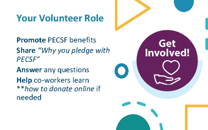 Your Volunteer Role Promote PECSF benefits Share “Why you pledge with PECSF” Answer any