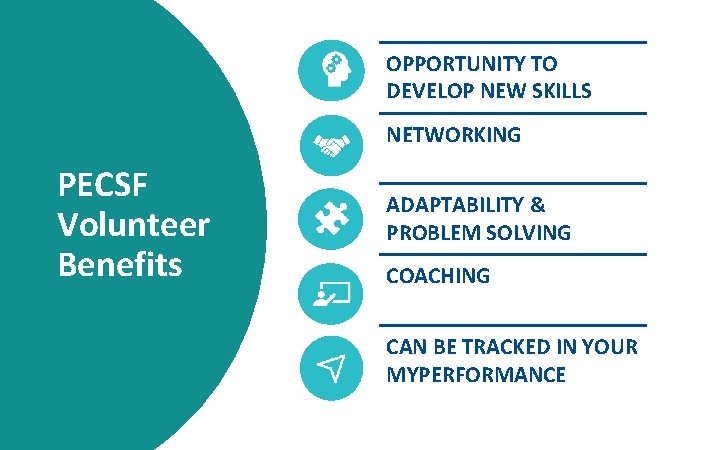 OPPORTUNITY TO DEVELOP NEW SKILLS NETWORKING PECSF Volunteer Benefits ADAPTABILITY & PROBLEM SOLVING COACHING