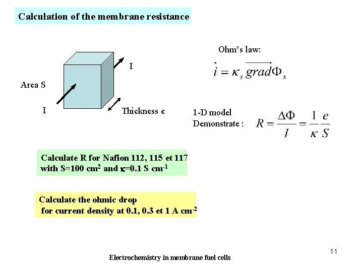 Calculation of the membrane resistance Ohm’s law: I Area S I Thickness e 1