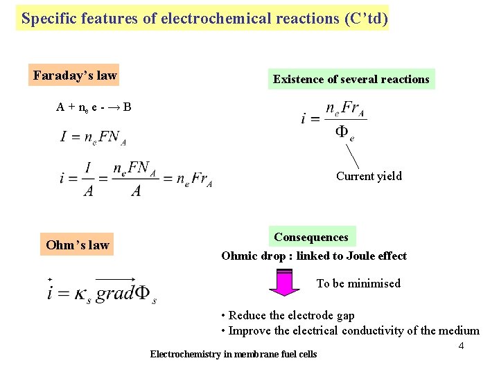 Specific features of electrochemical reactions (C’td) Faraday’s law Existence of several reactions A +
