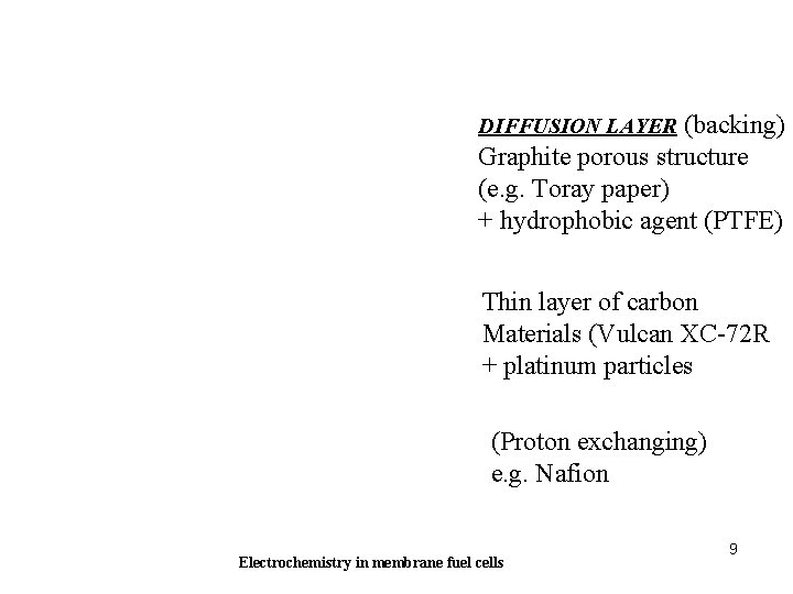DIFFUSION LAYER (backing) Graphite porous structure (e. g. Toray paper) + hydrophobic agent (PTFE)