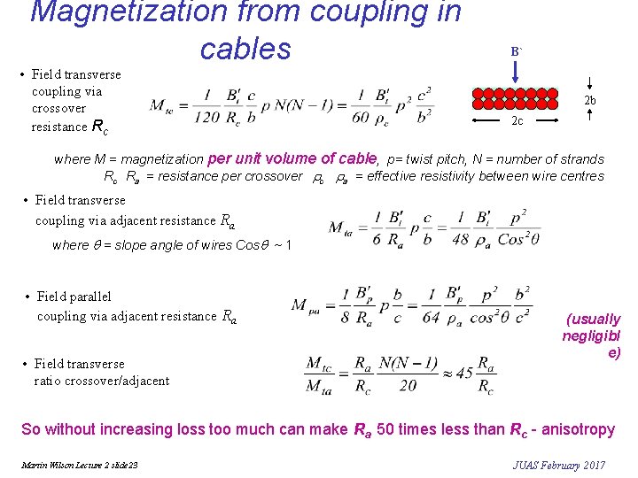 Magnetization from coupling in cables • Field transverse coupling via crossover resistance Rc B`