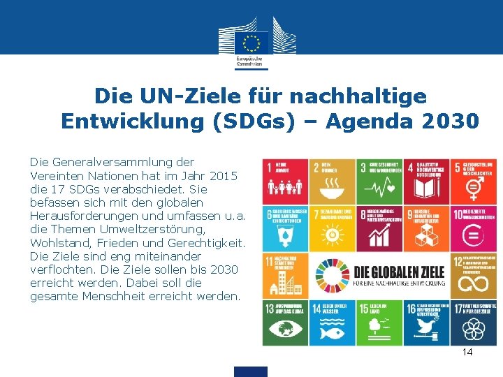 Die UN-Ziele für nachhaltige Entwicklung (SDGs) – Agenda 2030 Die Generalversammlung der Vereinten Nationen