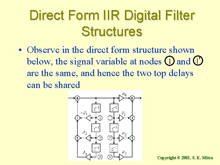 Direct Form IIR Digital Filter Structures • Observe in the direct form structure shown