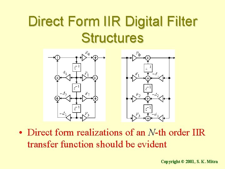 Direct Form IIR Digital Filter Structures • Direct form realizations of an N-th order