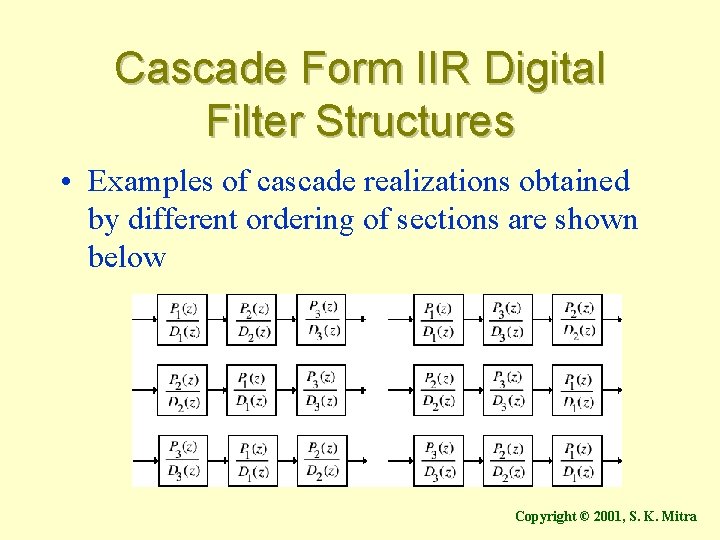 Cascade Form IIR Digital Filter Structures • Examples of cascade realizations obtained by different