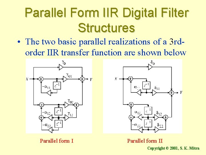 Parallel Form IIR Digital Filter Structures • The two basic parallel realizations of a