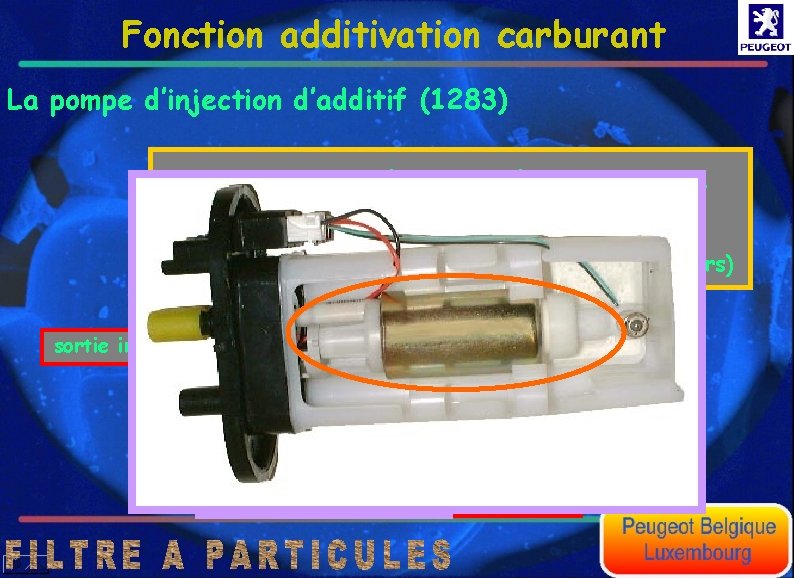 Fonction additivation carburant La pompe d’injection d’additif (1283) La pompe est immergée dans le