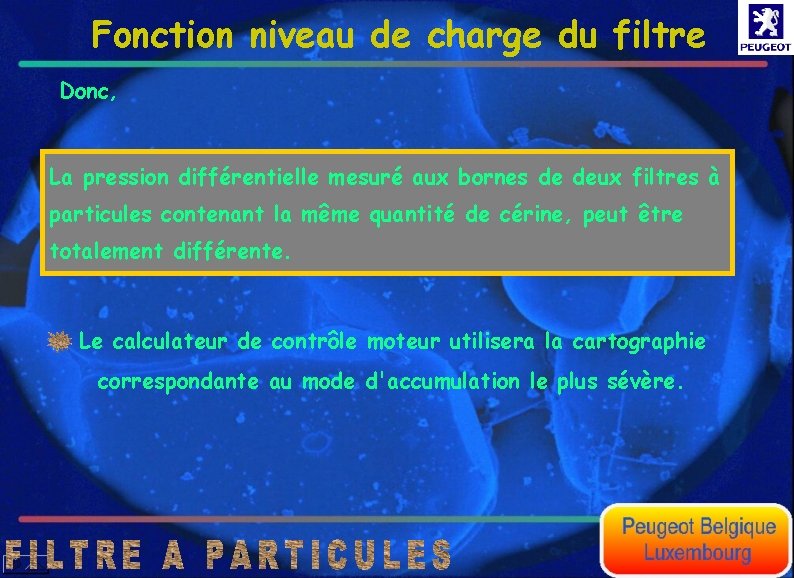 Fonction niveau de charge du filtre Donc, La pression différentielle mesuré aux bornes de