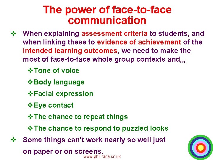 The power of face-to-face communication v When explaining assessment criteria to students, and when