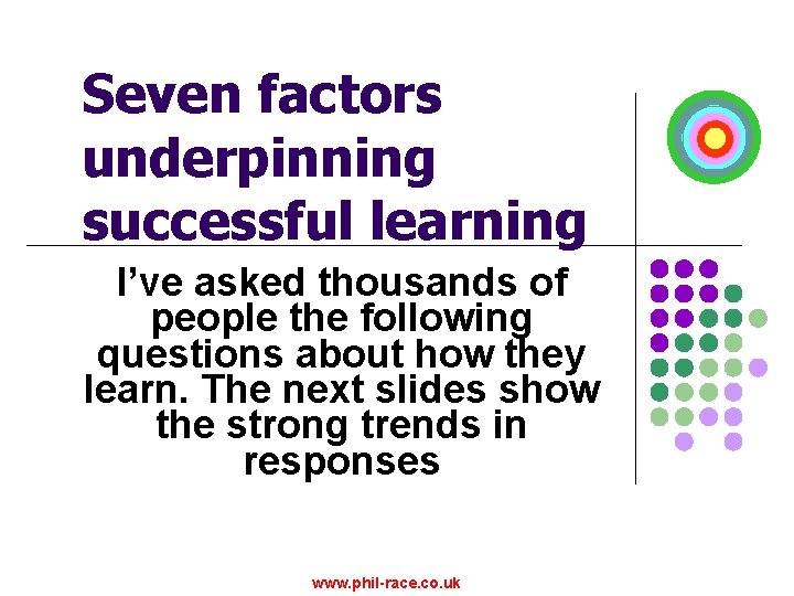 Seven factors underpinning successful learning I’ve asked thousands of people the following questions about