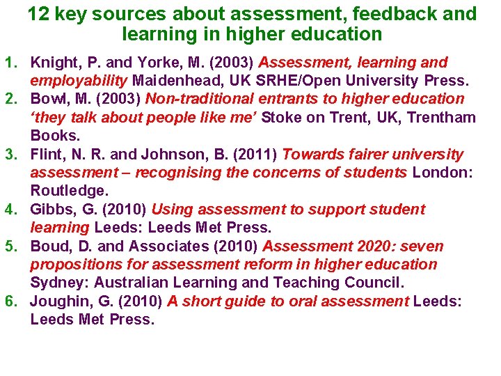 12 key sources about assessment, feedback and learning in higher education 1. Knight, P.