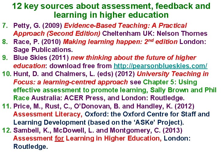 12 key sources about assessment, feedback and learning in higher education 7. Petty, G.