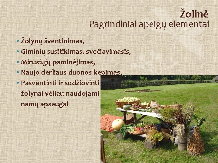 Žolinė Pagrindiniai apeigų elementai • Žolynų šventinimas, • Giminių susitikimas, svečiavimasis, • Mirusiųjų paminėjimas,