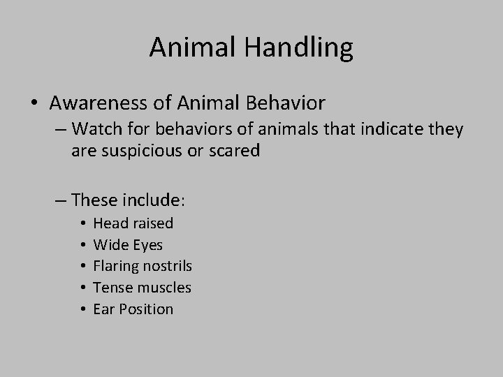 Animal Handling • Awareness of Animal Behavior – Watch for behaviors of animals that