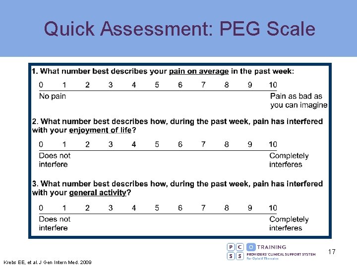 Quick Assessment: PEG Scale 17 Krebs EE, et al. J Gen Intern Med. 2009