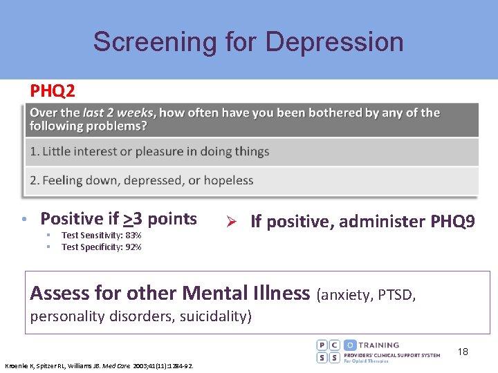 Screening for Depression PHQ 2 • Positive if >3 points § § Test Sensitivity: