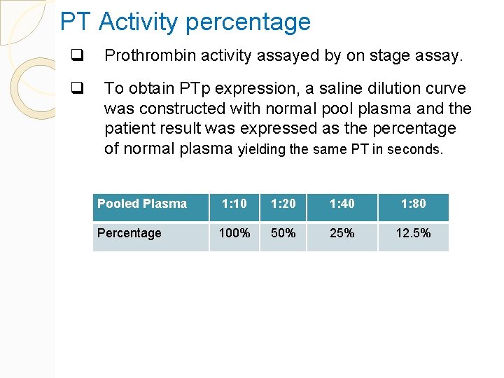 PT Activity percentage q Prothrombin activity assayed by on stage assay. q To obtain