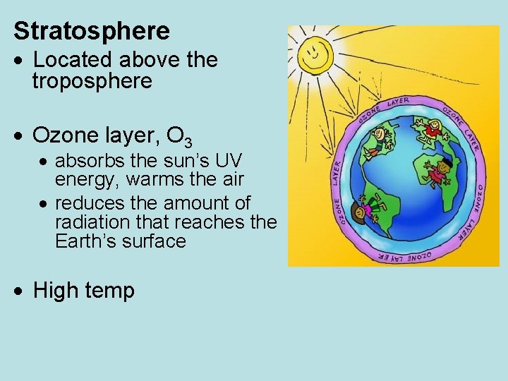 Stratosphere Located above the troposphere Ozone layer, O 3 absorbs the sun’s UV energy,