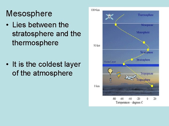 Mesosphere • Lies between the stratosphere and thermosphere • It is the coldest layer