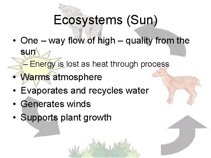 Ecosystems (Sun) • One – way flow of high – quality from the sun