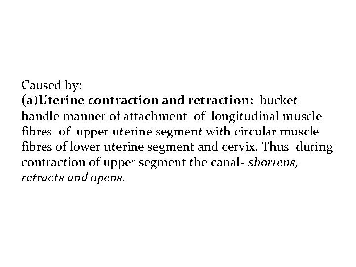 Caused by: (a)Uterine contraction and retraction: bucket handle manner of attachment of longitudinal muscle