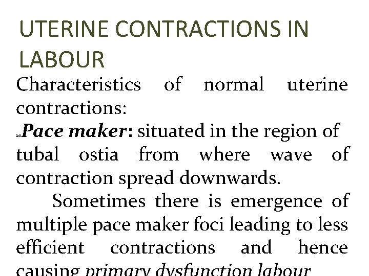 UTERINE CONTRACTIONS IN LABOUR Characteristics of normal uterine contractions: Pace maker: situated in the