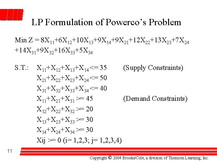 LP Formulation of Powerco’s Problem Min Z = 8 X 11+6 X 12+10 X