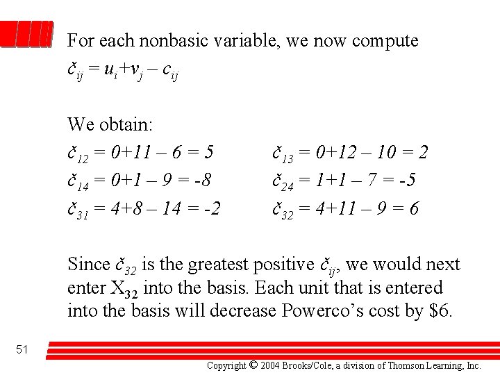 For each nonbasic variable, we now compute čij = ui+vj – cij We obtain: