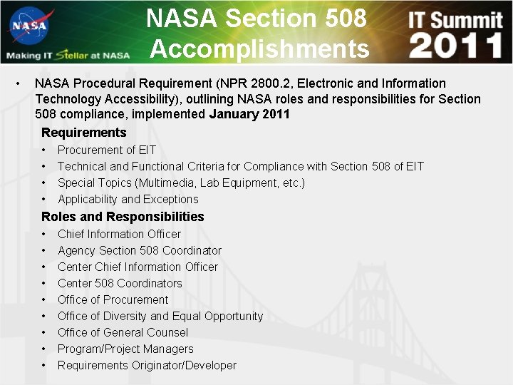 NASA Section 508 Accomplishments • NASA Procedural Requirement (NPR 2800. 2, Electronic and Information