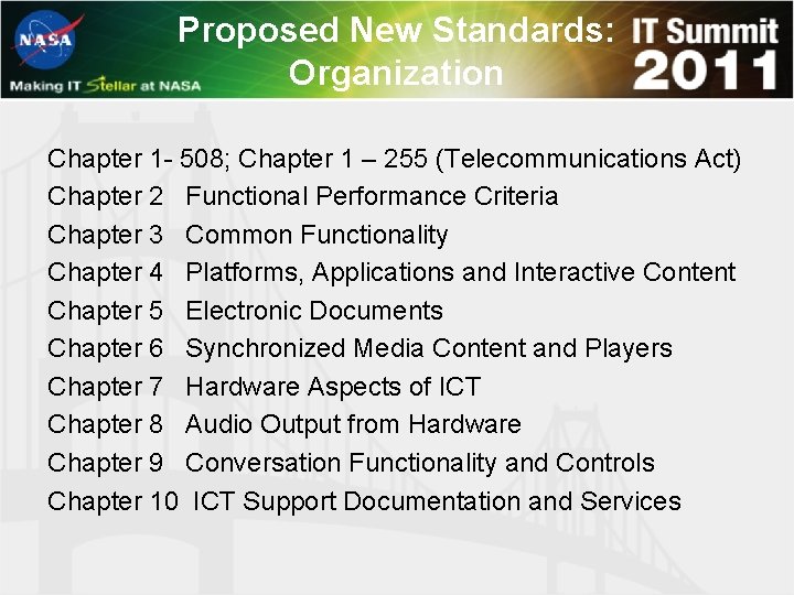 Proposed New Standards: Organization Chapter 1 - 508; Chapter 1 – 255 (Telecommunications Act)