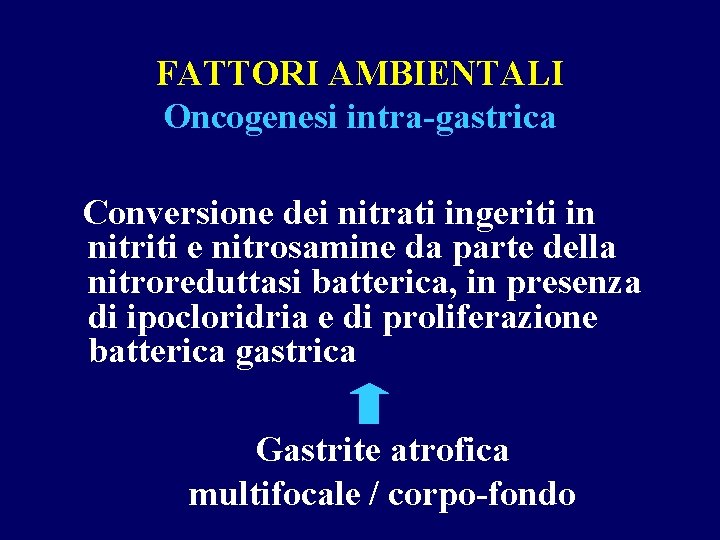 FATTORI AMBIENTALI Oncogenesi intra-gastrica Conversione dei nitrati ingeriti in nitriti e nitrosamine da parte
