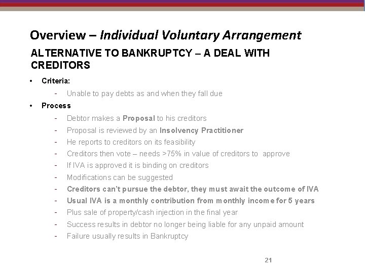 Overview – Individual Voluntary Arrangement ALTERNATIVE TO BANKRUPTCY – A DEAL WITH CREDITORS •